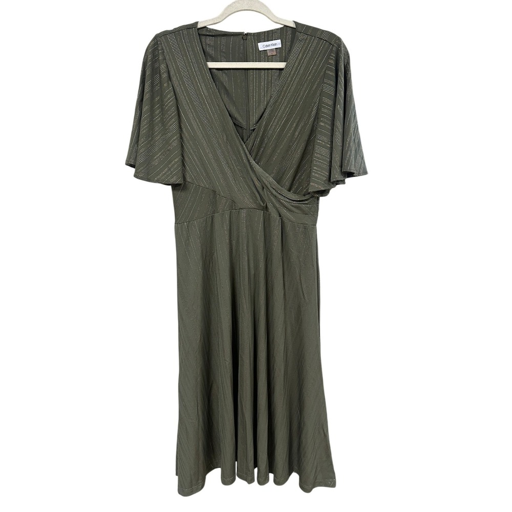 Calvin Klein Womens Olive Green Studded Stripe Faux Wrap Flutter Sleeve Dress 12